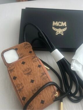 MCM Cognac Visetos Zip Phone Pouch with Black Strap